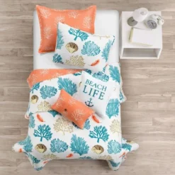 Coastal Reef Feather Reversible Quilt Set Blue/Coral - Lush Décor