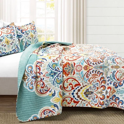 Lush Décor 3pc Boho Chic Reversible Oversized Cotton Quilt Set Seafoam/Red 3 Lush Décor 3pc Boho Chic Reversible Oversized Cotton Quilt Set Seafoam/Red