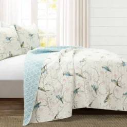 Lush Décor 3pc Botanical Bird And Flower Oversized Reversible Quilt Set White/Blue/Yellow