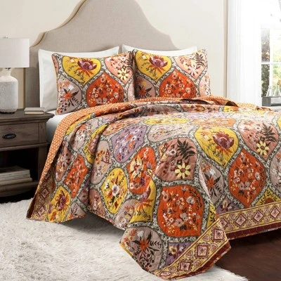 Lush Décor 3pc Bohemian Flower Reversible Oversized Cotton Quilt Set Orange/Lilac 10 Lush Décor 3pc Bohemian Flower Reversible Oversized Cotton Quilt Set Orange/Lilac - Image 8