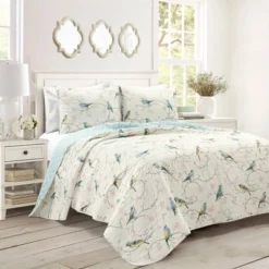 Lush Décor 3pc Botanical Bird And Flower Oversized Reversible Quilt Set White/Blue/Yellow -Lush Décor GUEST 32b47f22 5c17 41f3 a367 afe6413b5a6b
