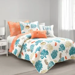 Coastal Reef Feather Reversible Quilt Set Blue/Coral - Lush Décor -Lush Décor GUEST 57970600 572b 4151 a282 52fdf09f2b98
