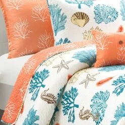 Coastal Reef Feather Reversible Quilt Set Blue/Coral - Lush Décor -Lush Décor GUEST 59c297d2 c930 4067 b09f 6c47ab61abe3