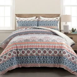 3pc Nesco Stripe Cotton Duvet Cover Set Navy/Coral/Gray - Lush Décor -Lush Décor GUEST 6ff12739 18d5 4ed2 a084 369f8724ab68