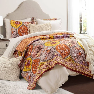 Lush Décor 3pc Bohemian Flower Reversible Oversized Cotton Quilt Set Orange/Lilac 4 Lush Décor 3pc Bohemian Flower Reversible Oversized Cotton Quilt Set Orange/Lilac - Image 2