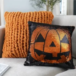 18"x18" Sparkle Pumpkin Halloween Square Throw Pillow Black/Orange - Lush Décor -Lush Décor GUEST 9ebe8488 f545 4778 8b0a 46565f59d4c9