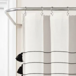 Farmhouse Boho Striped Woven Tassel Yarn Dyed Cotton Shower Curtain Ivory/Black - Lush Décor